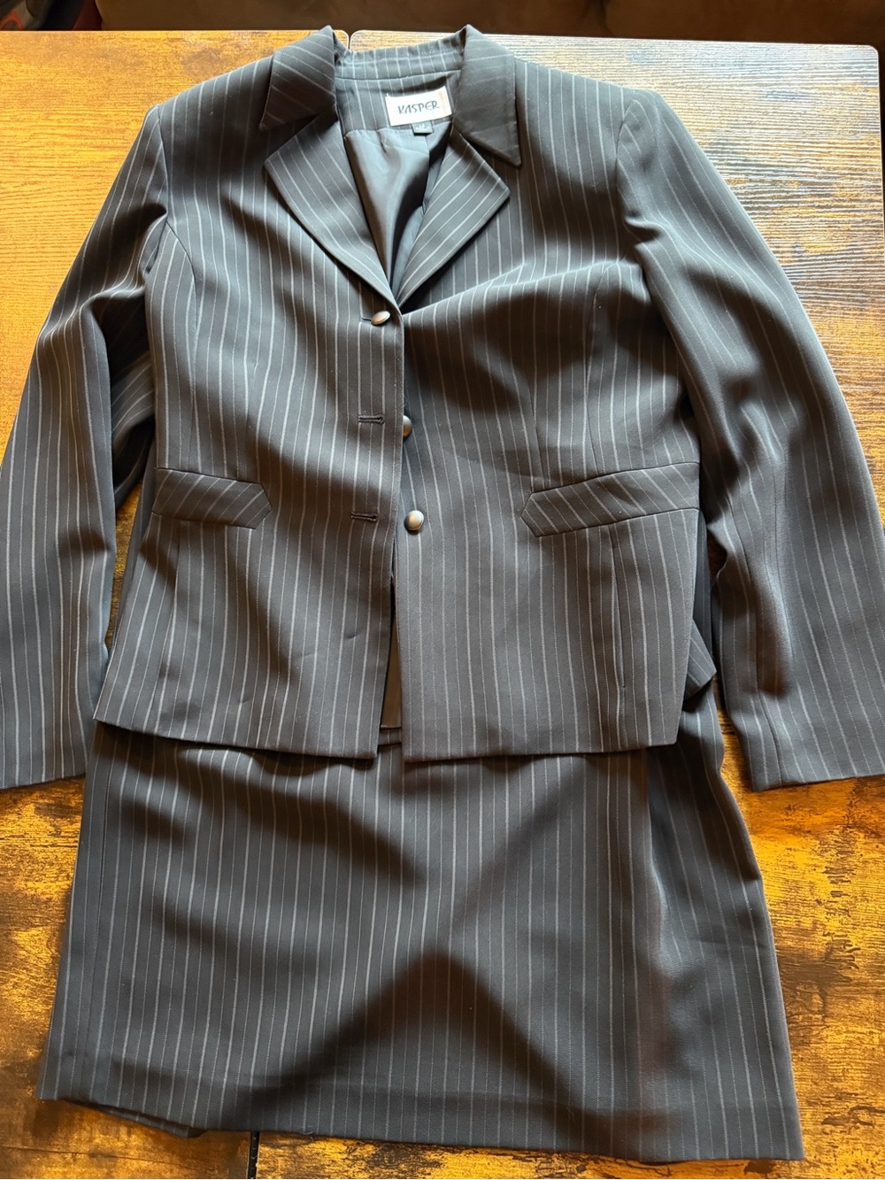 Kasper Black and Gray Pinstripe Blazer and Skirt Set